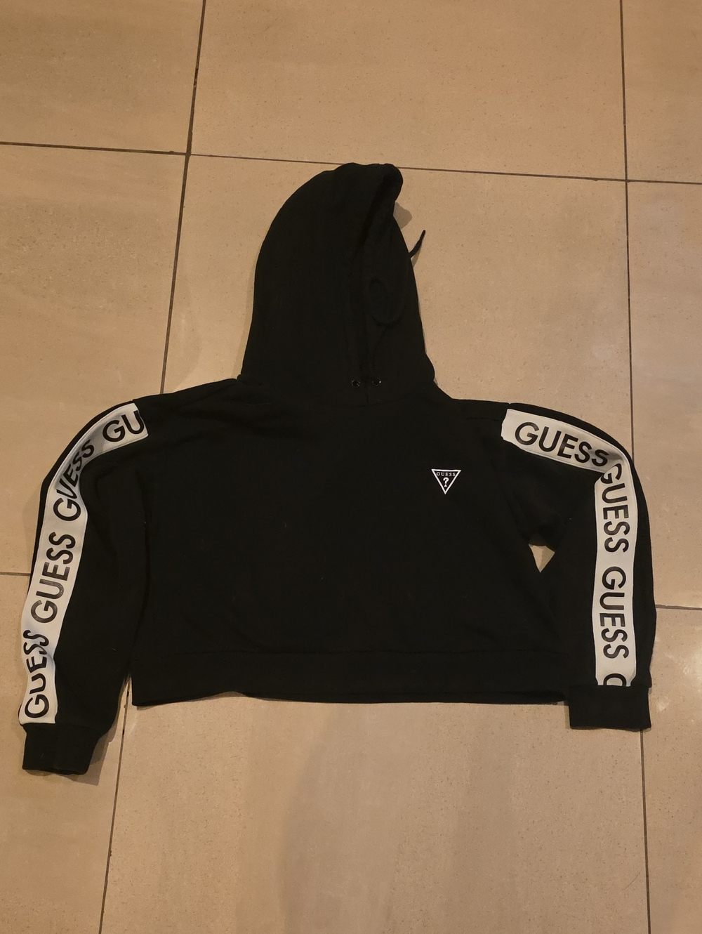GUESS Black Cropped Hoodie with Logo Sleeve Tape